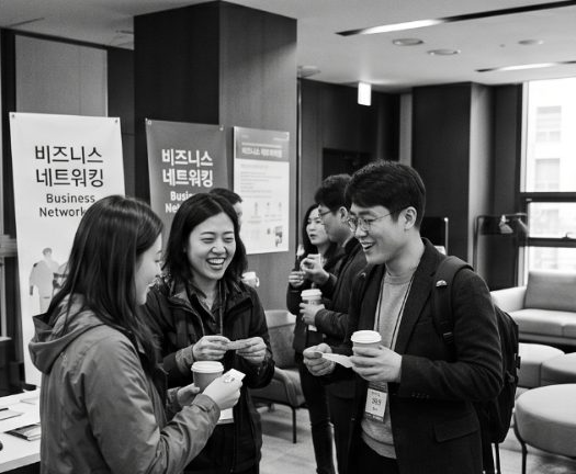 네트워킹 행사에서 대화하는 참가자들